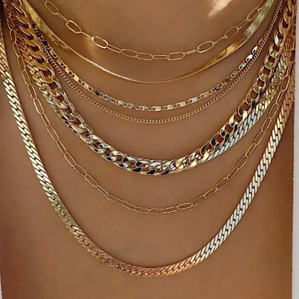 Gold Plated 18K Multilayer Necklace, Chain Link, Paperclip, Cuban - Picture 1 of 1